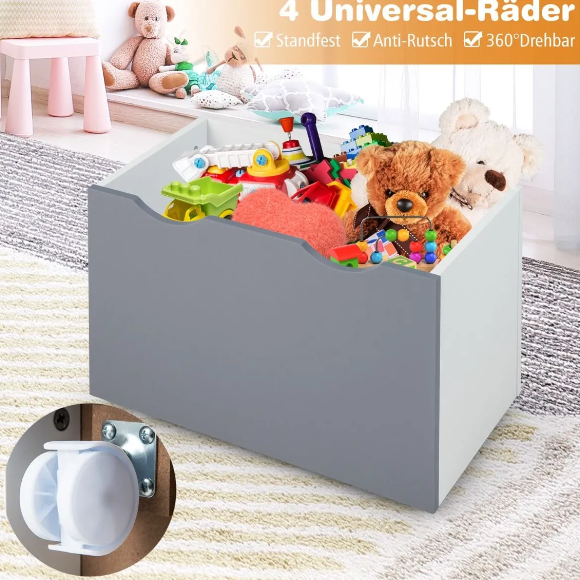 Kinderregal mit 3 Ablagen & Rollender Spielzeugkiste Kinder Bücherregal Grau + Weiß