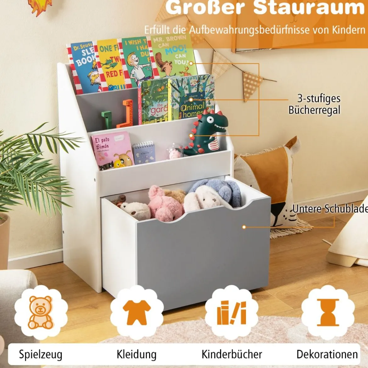 Kinderregal mit 3 Ablagen & Rollender Spielzeugkiste Kinder Bücherregal Grau + Weiß