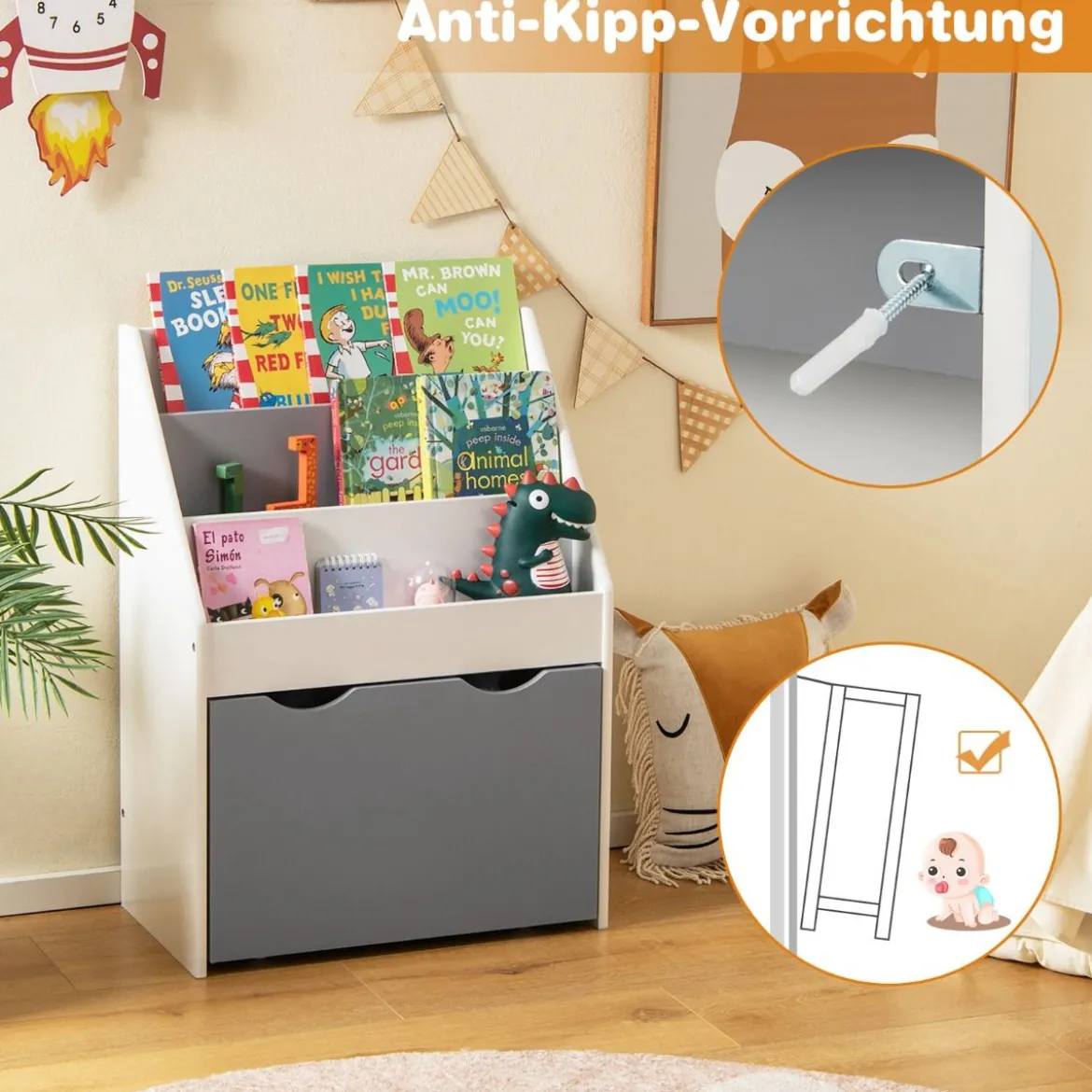 Kinderregal mit 3 Ablagen & Rollender Spielzeugkiste Kinder Bücherregal Grau + Weiß