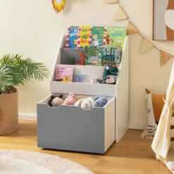 Kinderregal mit 3 Ablagen & Rollender Spielzeugkiste Kinder Bücherregal Grau + Weiß