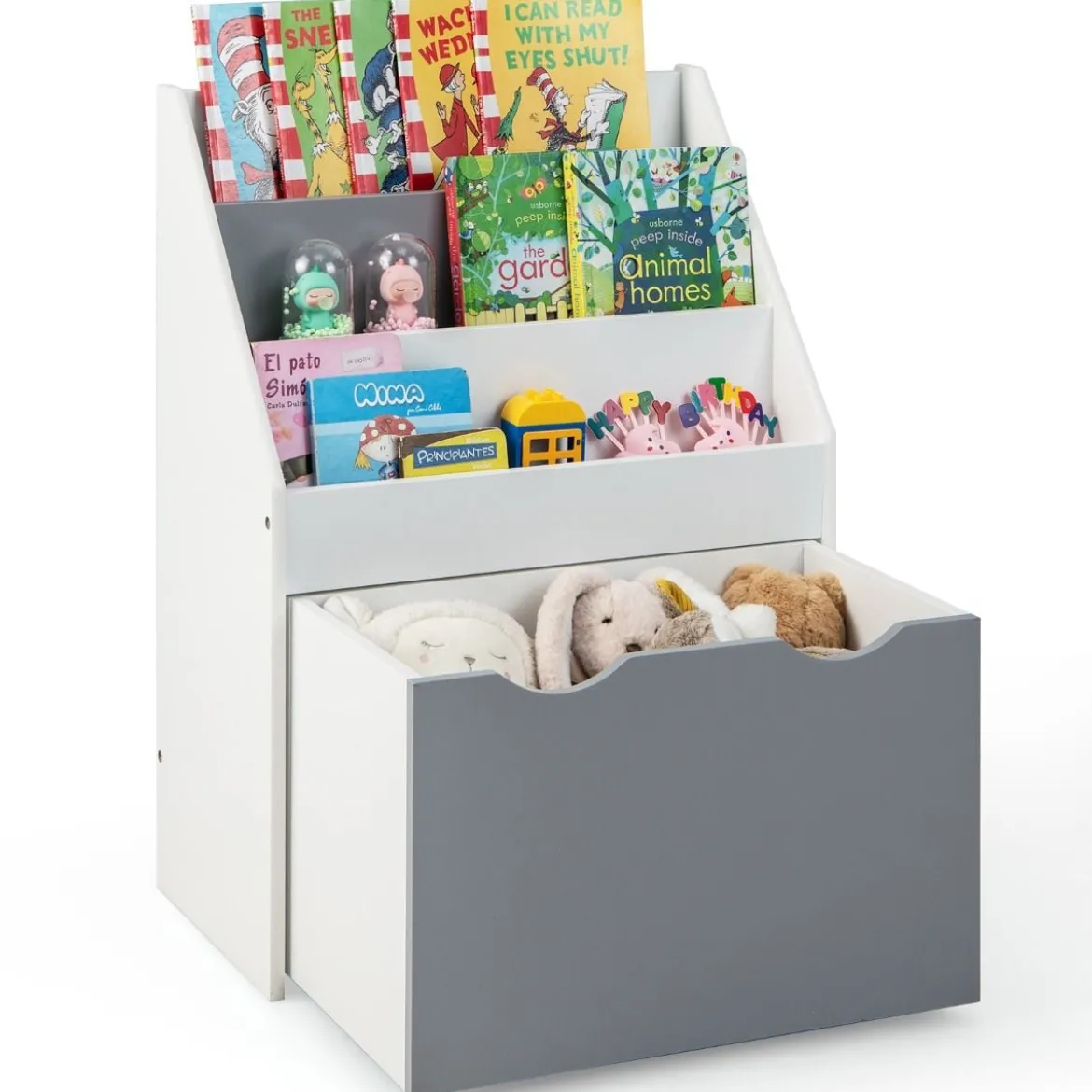 Kinderregal mit 3 Ablagen & Rollender Spielzeugkiste Kinder Bücherregal Grau + Weiß