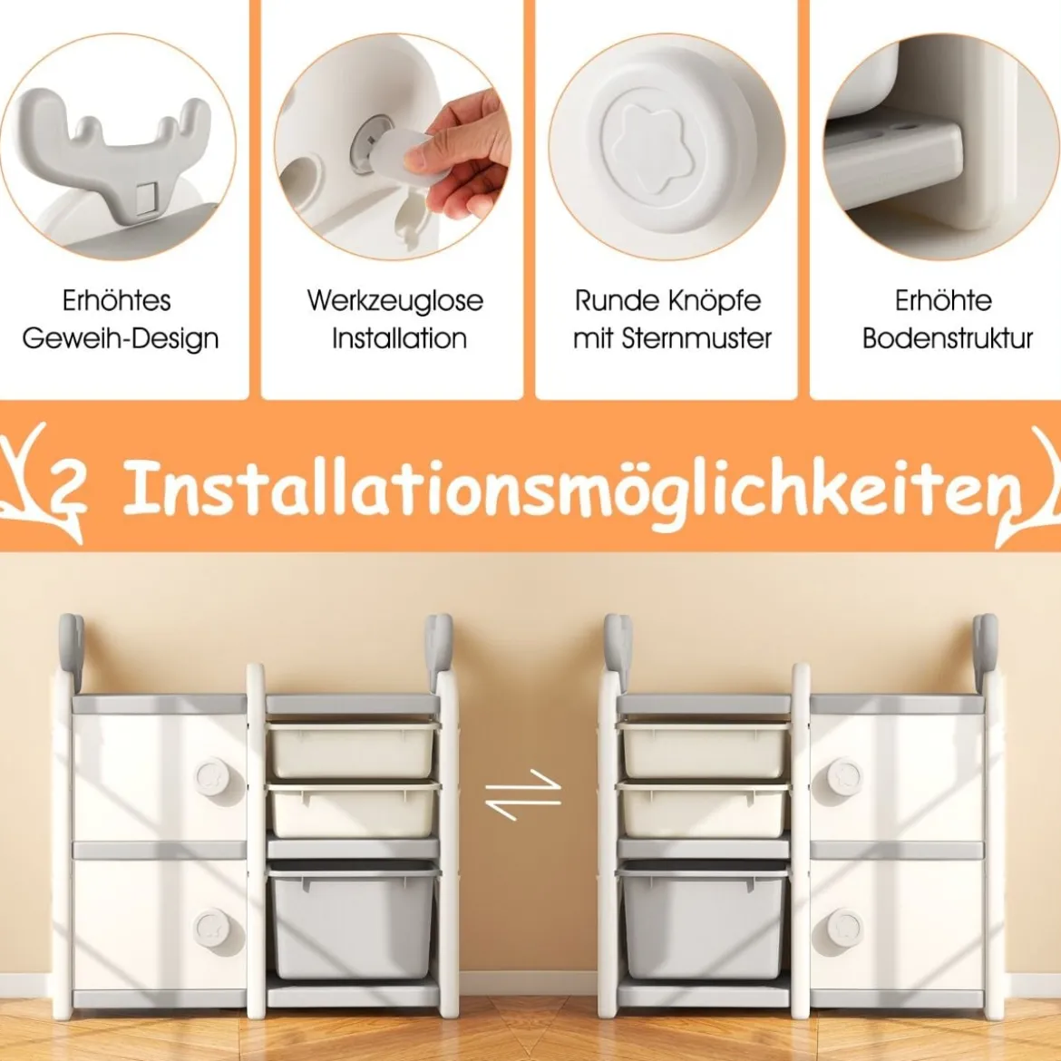 Kinderregal mit 4 Aufbewahrungsboxen & Bücherregal Spielzeugregal 78 x 32 x 78 cm