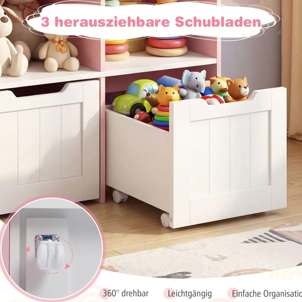 Kinderregal mit Boxen & 5 Fächern & 3 Schubladen Bücherregal auf Rollen Kinderschrank Rosa