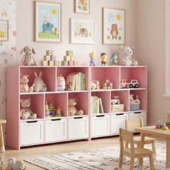 Kinderregal mit Boxen & 5 Fächern & 3 Schubladen Bücherregal auf Rollen Kinderschrank Rosa