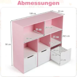 Kinderregal mit Boxen & 5 Fächern & 3 Schubladen Bücherregal auf Rollen Kinderschrank Rosa