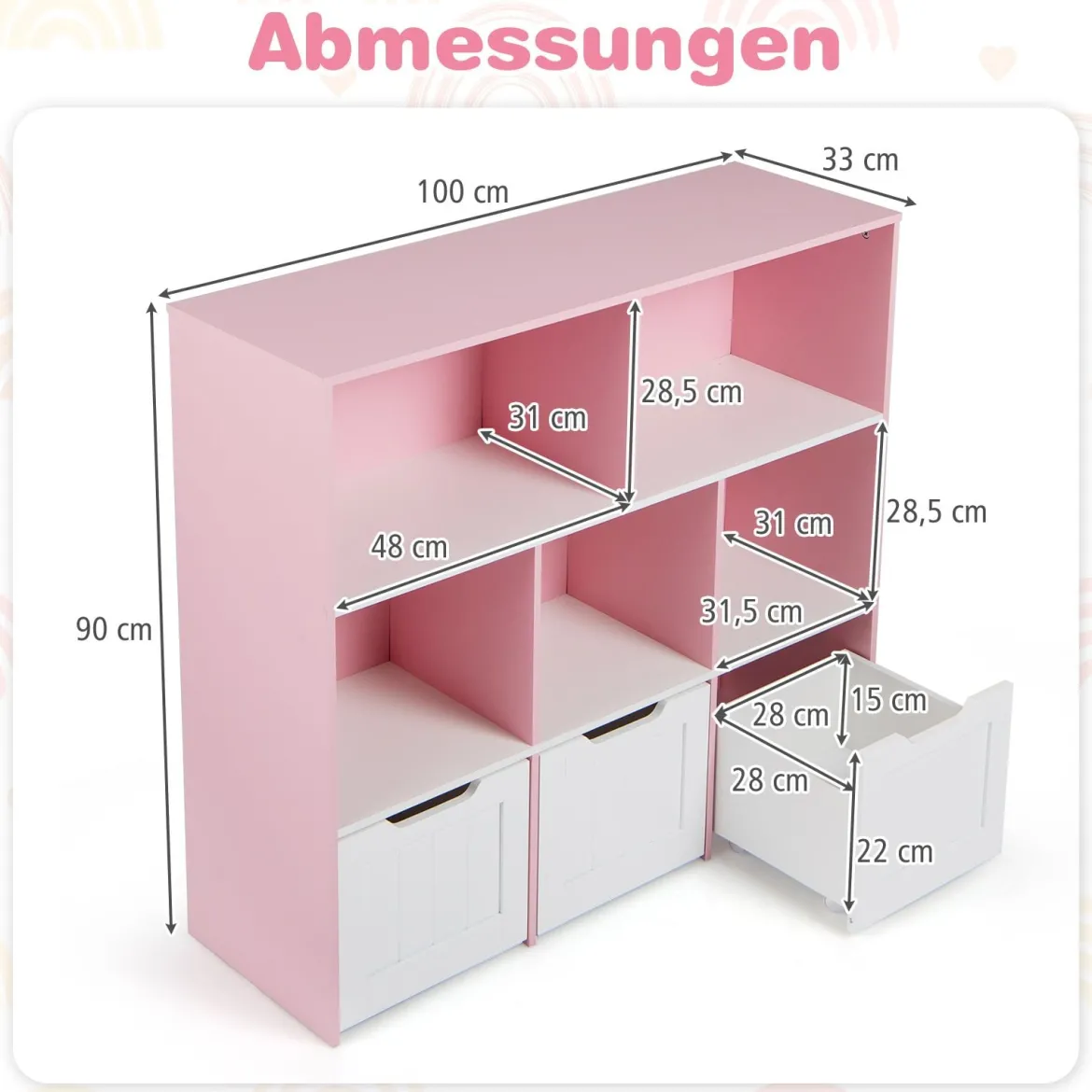 Kinderregal mit Boxen & 5 Fächern & 3 Schubladen Bücherregal auf Rollen Kinderschrank Rosa