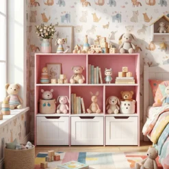 Kinderregal mit Boxen & 5 Fächern & 3 Schubladen Bücherregal auf Rollen Kinderschrank Rosa