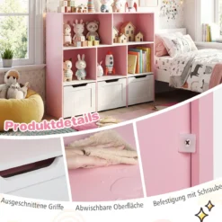 Kinderregal mit Boxen & 5 Fächern & 3 Schubladen Bücherregal auf Rollen Kinderschrank Rosa