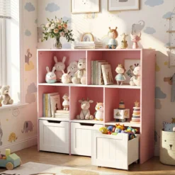 Kinderregal mit Boxen & 5 Fächern & 3 Schubladen Bücherregal auf Rollen Kinderschrank Rosa