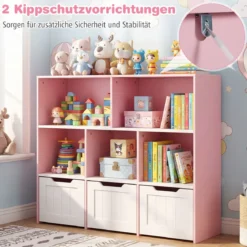 Kinderregal mit Boxen & 5 Fächern & 3 Schubladen Bücherregal auf Rollen Kinderschrank Rosa