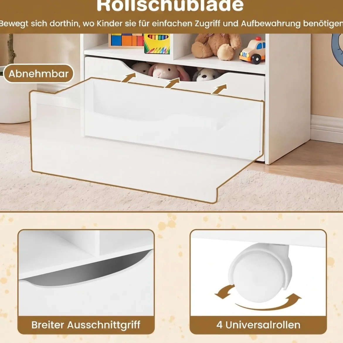 Kinderregal mit 5 Ebenen Bücherregal mit Schubladen auf Rollen 60 x 30 x 91 cm Weiß