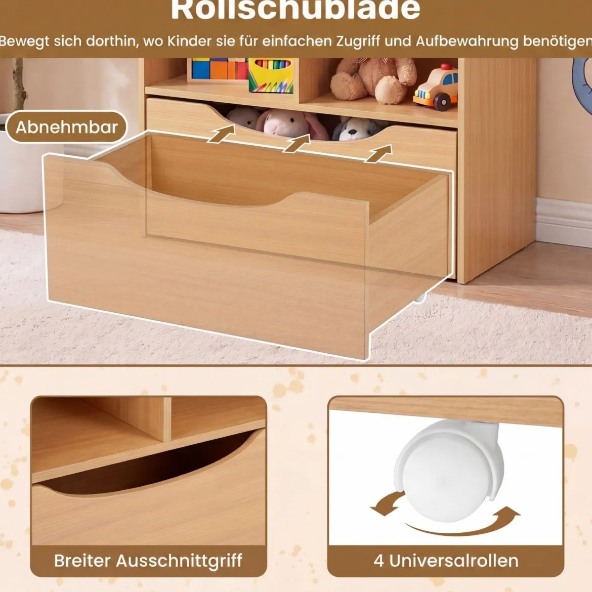 Kinderregal mit 5 Ebenen Bücherregal mit Schubladen auf Rollen 60 x 30 x 91 cm Natur