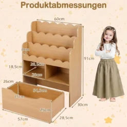 Kinderregal mit 5 Ebenen Bücherregal mit Schubladen auf Rollen 60 x 30 x 91 cm Natur