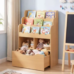 Kinderregal mit 5 Ebenen Bücherregal mit Schubladen auf Rollen 60 x 30 x 91 cm Natur