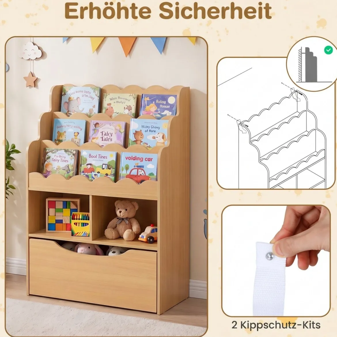 Kinderregal mit 5 Ebenen Bücherregal mit Schubladen auf Rollen 60 x 30 x 91 cm Natur