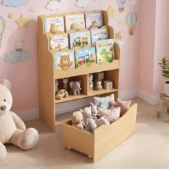 Kinderregal mit 5 Ebenen Bücherregal mit Schubladen auf Rollen 60 x 30 x 91 cm Natur