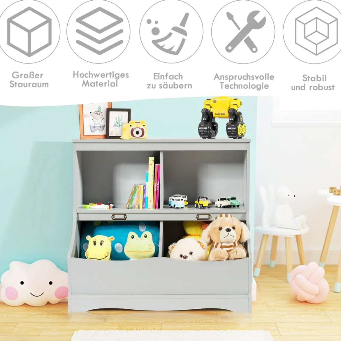 Kinderregal mit 4 Fächern Spielzeugregal Bücherregal für Kinder 67 x 40 x 62 cm Grau