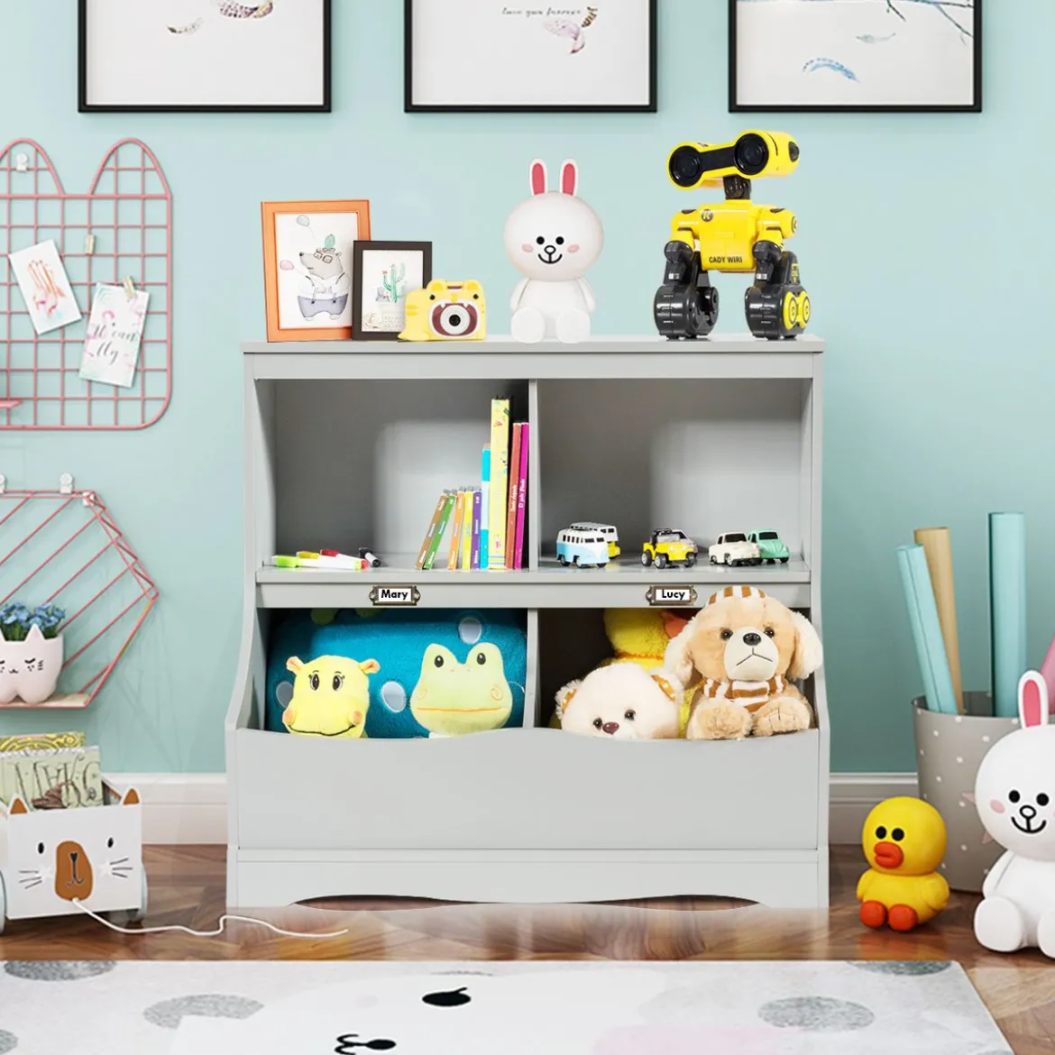 Kinderregal mit 4 Fächern Spielzeugregal Bücherregal für Kinder 67 x 40 x 62 cm Grau