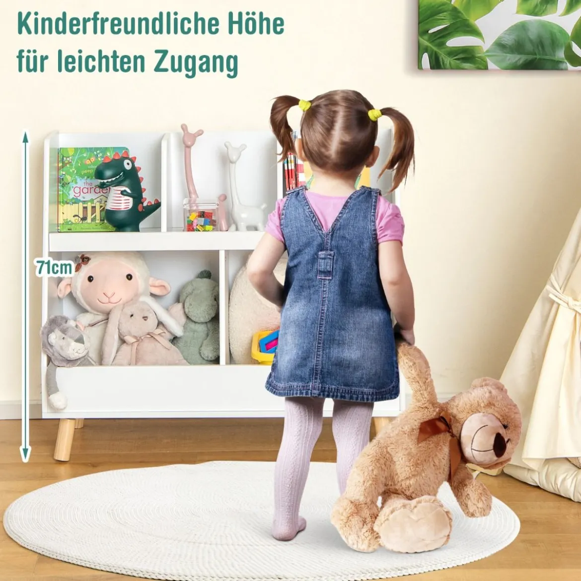 Kinderregal mit 5 offenen Fächern Bücherregal Kinder Kinderzimmerregal mit Massivholzbeinen Weiß