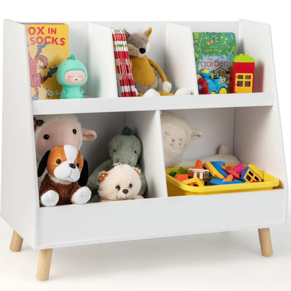 Kinderregal mit 5 offenen Fächern Bücherregal Kinder Kinderzimmerregal mit Massivholzbeinen Weiß