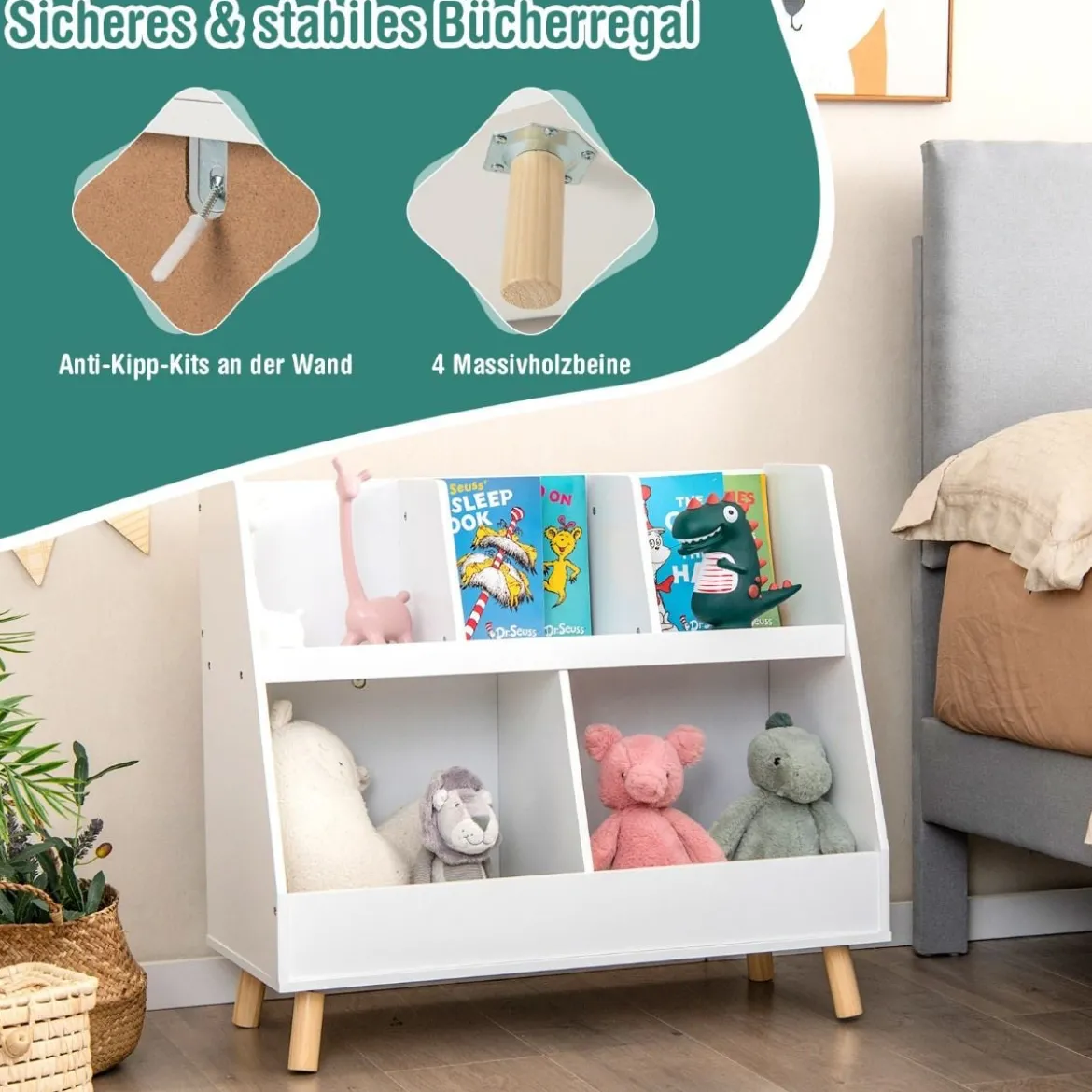 Kinderregal mit 5 offenen Fächern Bücherregal Kinder Kinderzimmerregal mit Massivholzbeinen Weiß