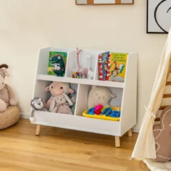 Kinderregal mit 5 offenen Fächern Bücherregal Kinder Kinderzimmerregal mit Massivholzbeinen Weiß