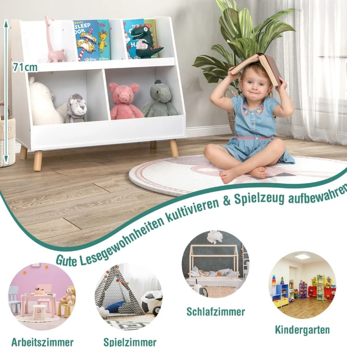 Kinderregal mit 5 offenen Fächern Bücherregal Kinder Kinderzimmerregal mit Massivholzbeinen Weiß
