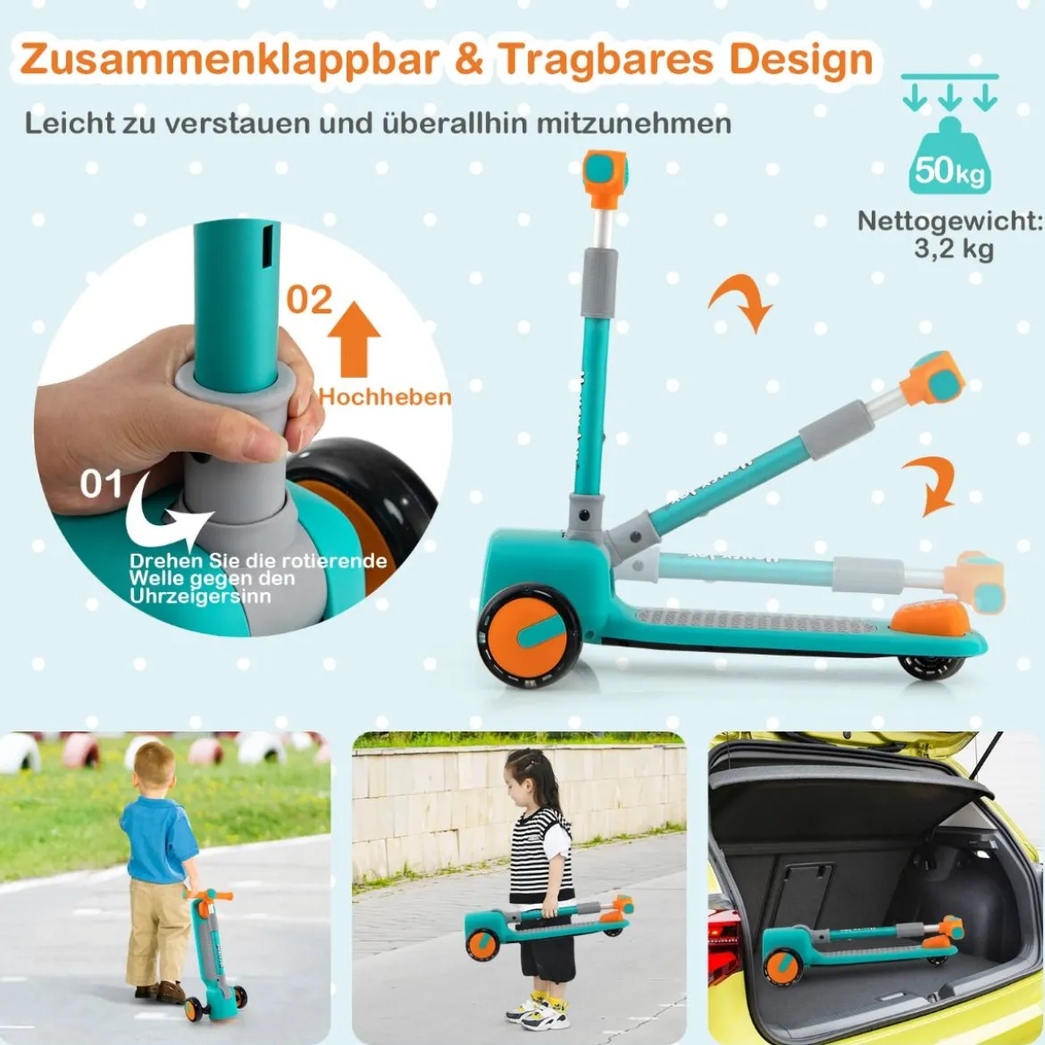 Kinderroller Klappbarer Tretroller mit 3-Fach Höhenverstellbarem Lenker Kinderscooter Grün