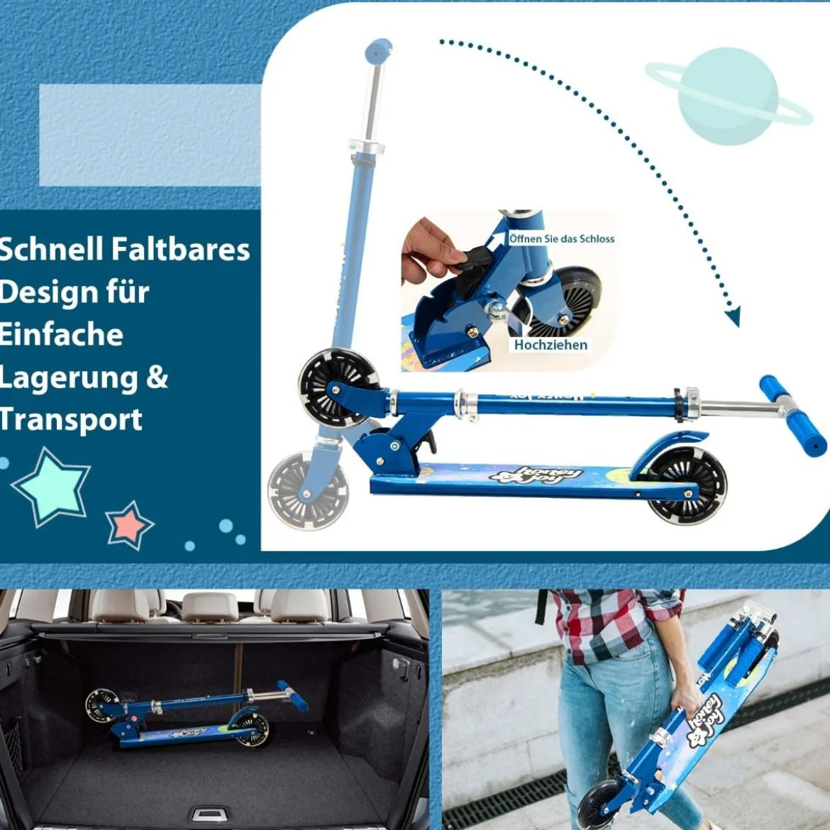 Kinder Roller Scooter mit LED-Räder & Klappbar Lenker Höhenverstellbar Tretroller Kinderroller