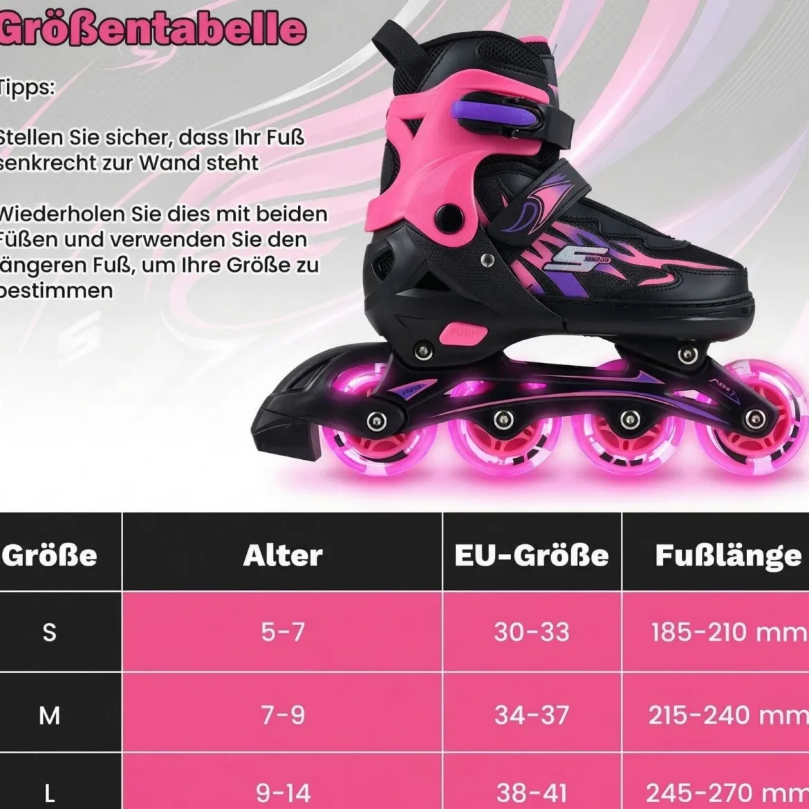 Kinder Rollschuhe 4 Größen Verstellbar Inline Roller Skates mit Leuchtenden Rädern Rosa L (EU 38-41)