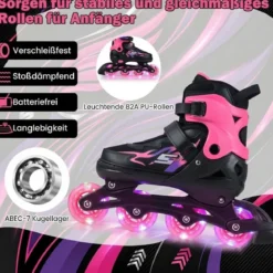 Kinder Rollschuhe 4 Größen Verstellbar Inline Roller Skates mit Leuchtenden Rädern Rosa L (EU 38-41)