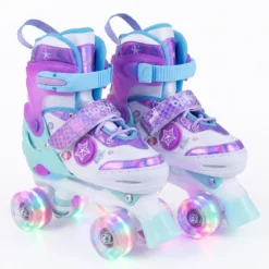 Kinder Rollschuhe 4 Größen Verstellbar Quad Skates mit Leuchtenden Rädern M (EU 32-36)