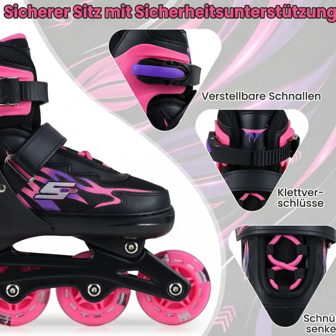 Kinder Rollschuhe 4 Größen Verstellbar Inline Roller Skates mit leuchtenden Rädern Rosa S (EU 30-33)