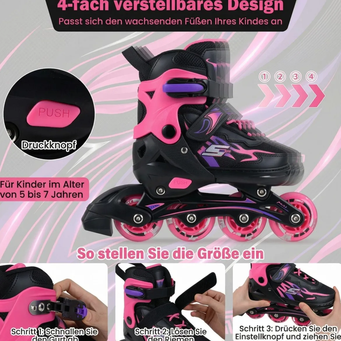 Kinder Rollschuhe 4 Größen Verstellbar Inline Roller Skates mit leuchtenden Rädern Rosa S (EU 30-33)