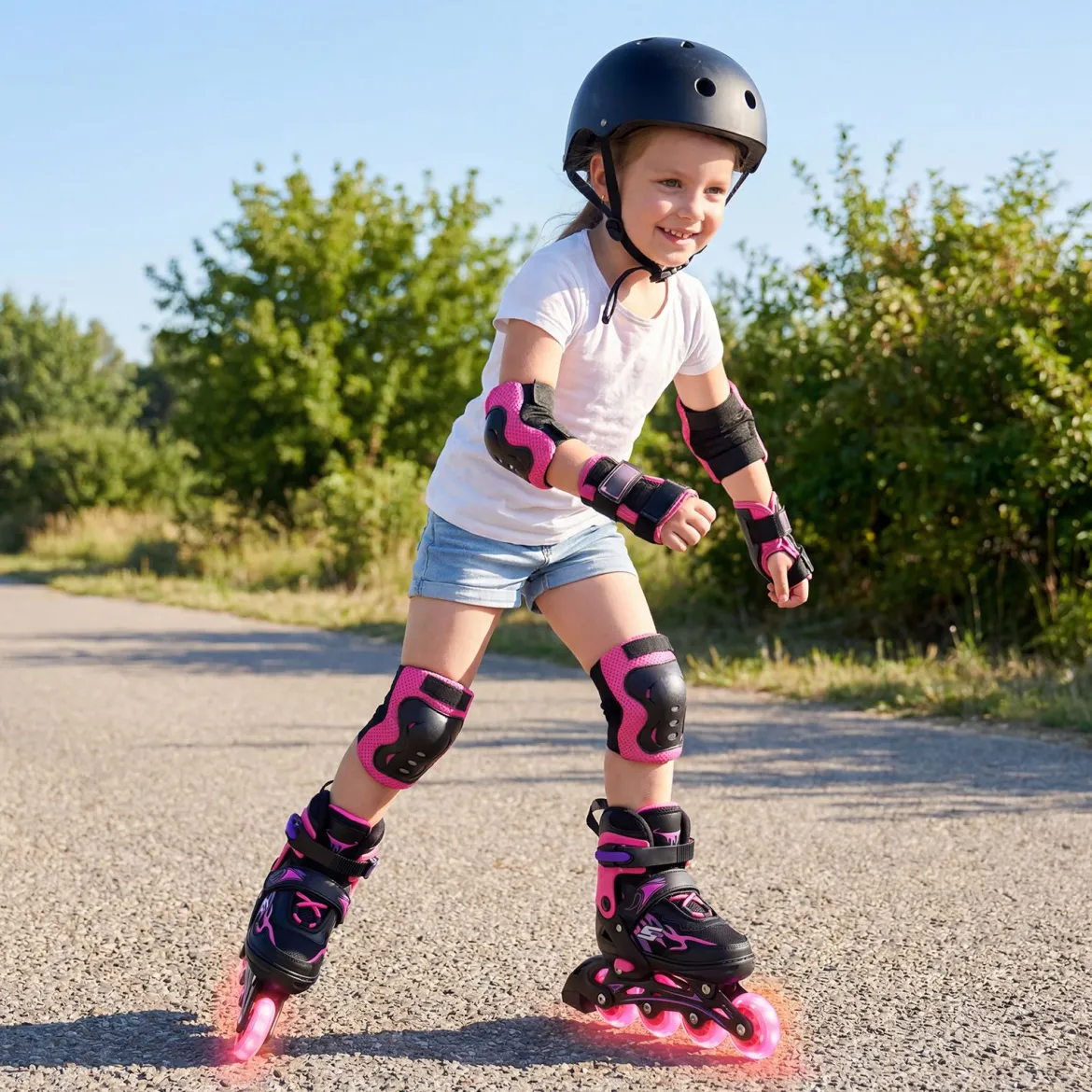 Kinder Rollschuhe 4 Größen Verstellbar Inline Roller Skates mit leuchtenden Rädern Rosa S (EU 30-33)
