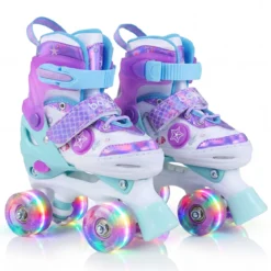 Kinder Rollschuhe 4 Größen Verstellbar Quad Skates mit Leuchtenden Rädern S (EU 27-31)