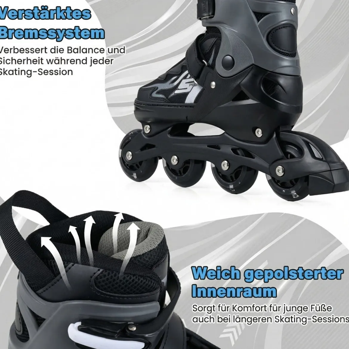 Kinder Rollschuhe 4 Größen Verstellbar Inline Roller Skates mit Leuchtenden Rädern Grau M (EU 34-37)