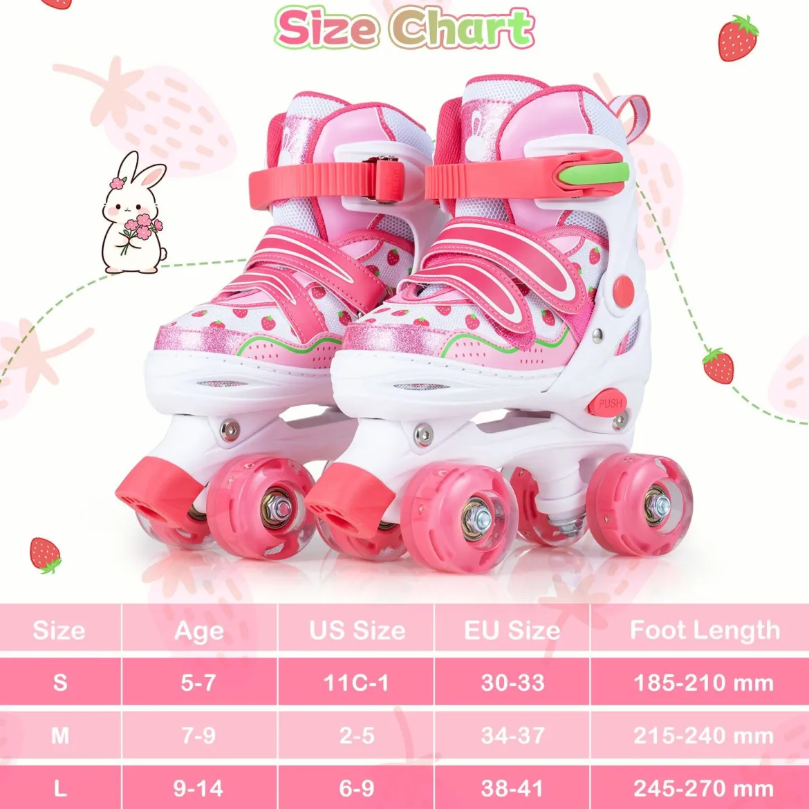 Kinder Rollschuhe Rollerskates mit 4 Größen Verstellbar und LED Rädern Rosa 30-33/34-37/38-41
