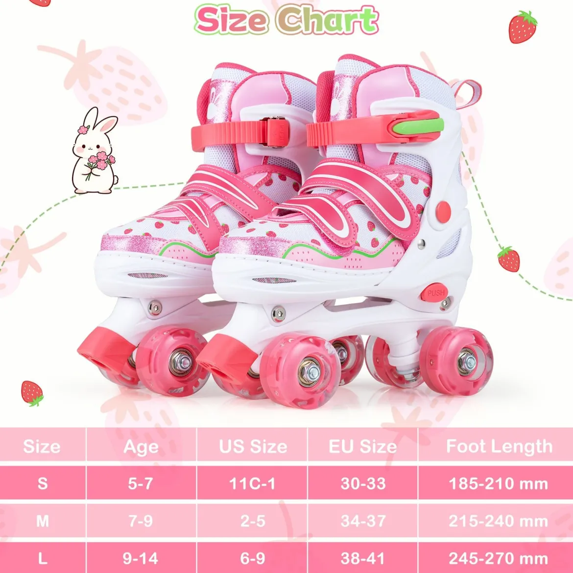 Kinder Rollschuhe Rollerskates mit 4 Größen Verstellbar und LED Rädern Rosa 30-33/34-37/38-41