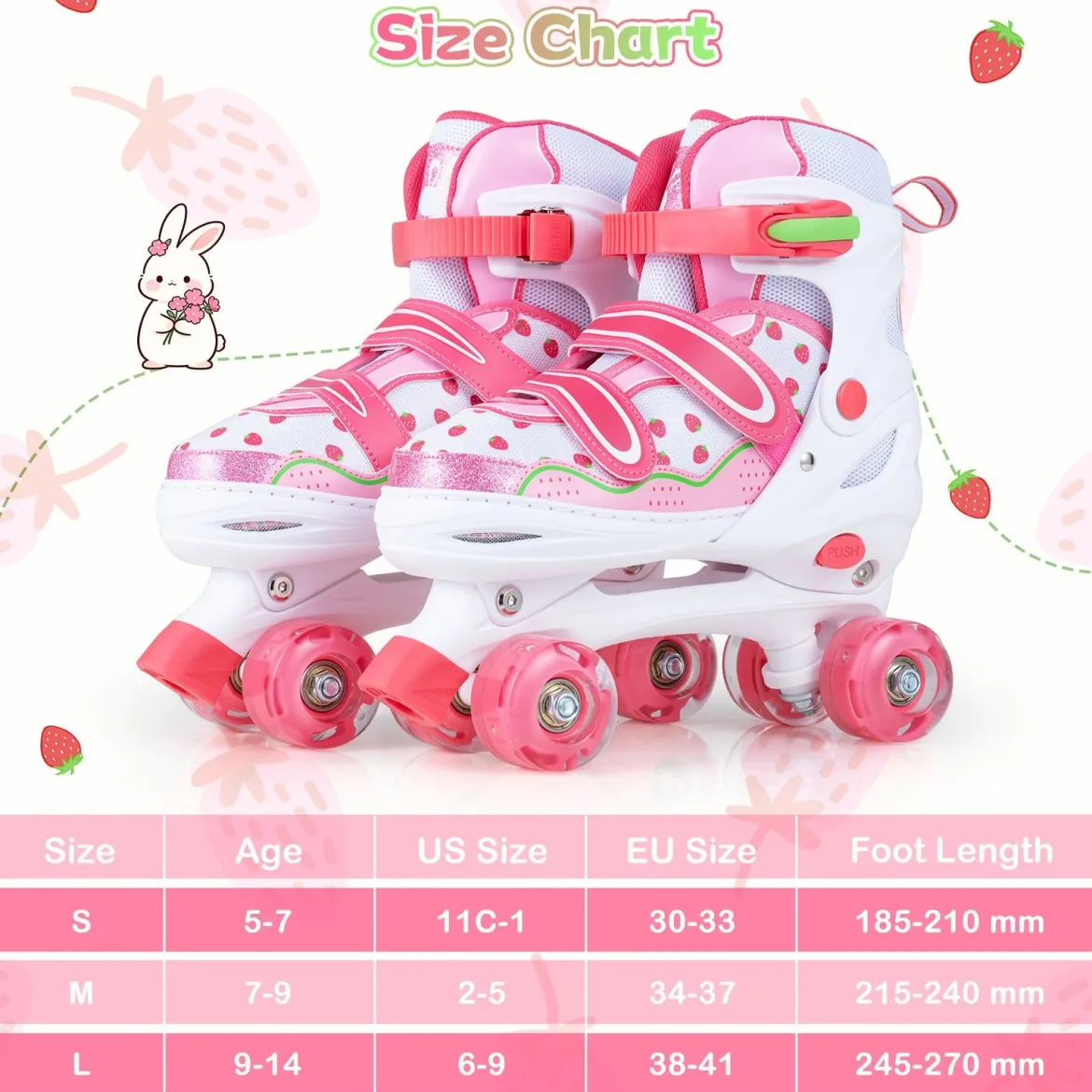 Kinder Rollschuhe Rollerskates mit 4 Größen Verstellbar und LED Rädern Rosa 30-33/34-37/38-41