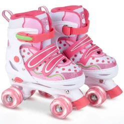 Kinder Rollschuhe Rollerskates mit 4 Größen Verstellbar und LED Rädern Rosa 30-33/34-37/38-41