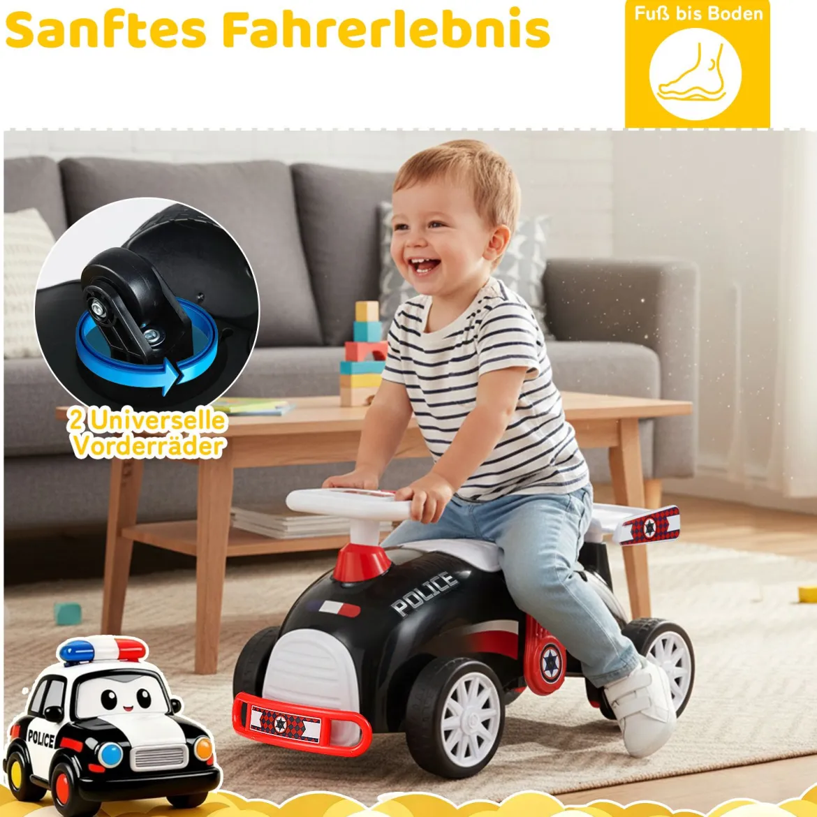 Kinder Rutschauto Fuß-zum-Boden Rutschfahrzeug mit Musik & Stauraum unter dem Sitz Kinderfahrzeug Polizei