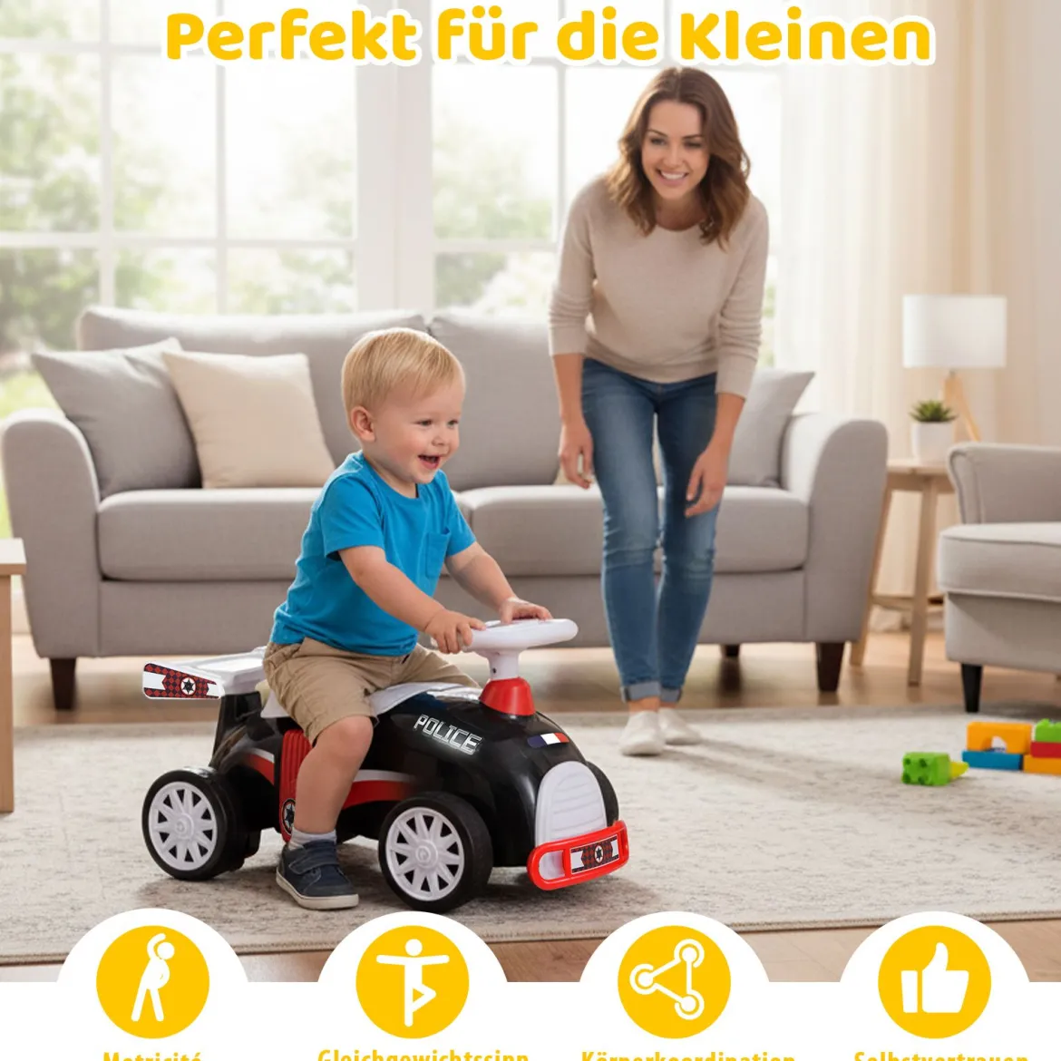 Kinder Rutschauto Fuß-zum-Boden Rutschfahrzeug mit Musik & Stauraum unter dem Sitz Kinderfahrzeug Polizei