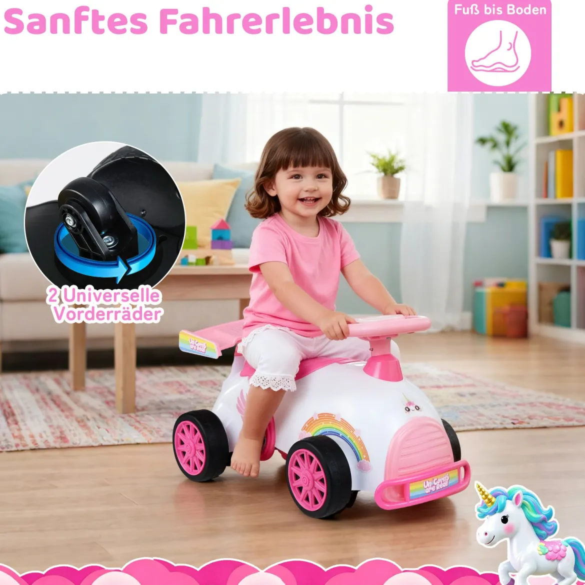 Kinder Rutschauto Fuß-zum-Boden Rutschfahrzeug mit Musik & Stauraum unter dem Sitz Kinderfahrzeug Einhornthema
