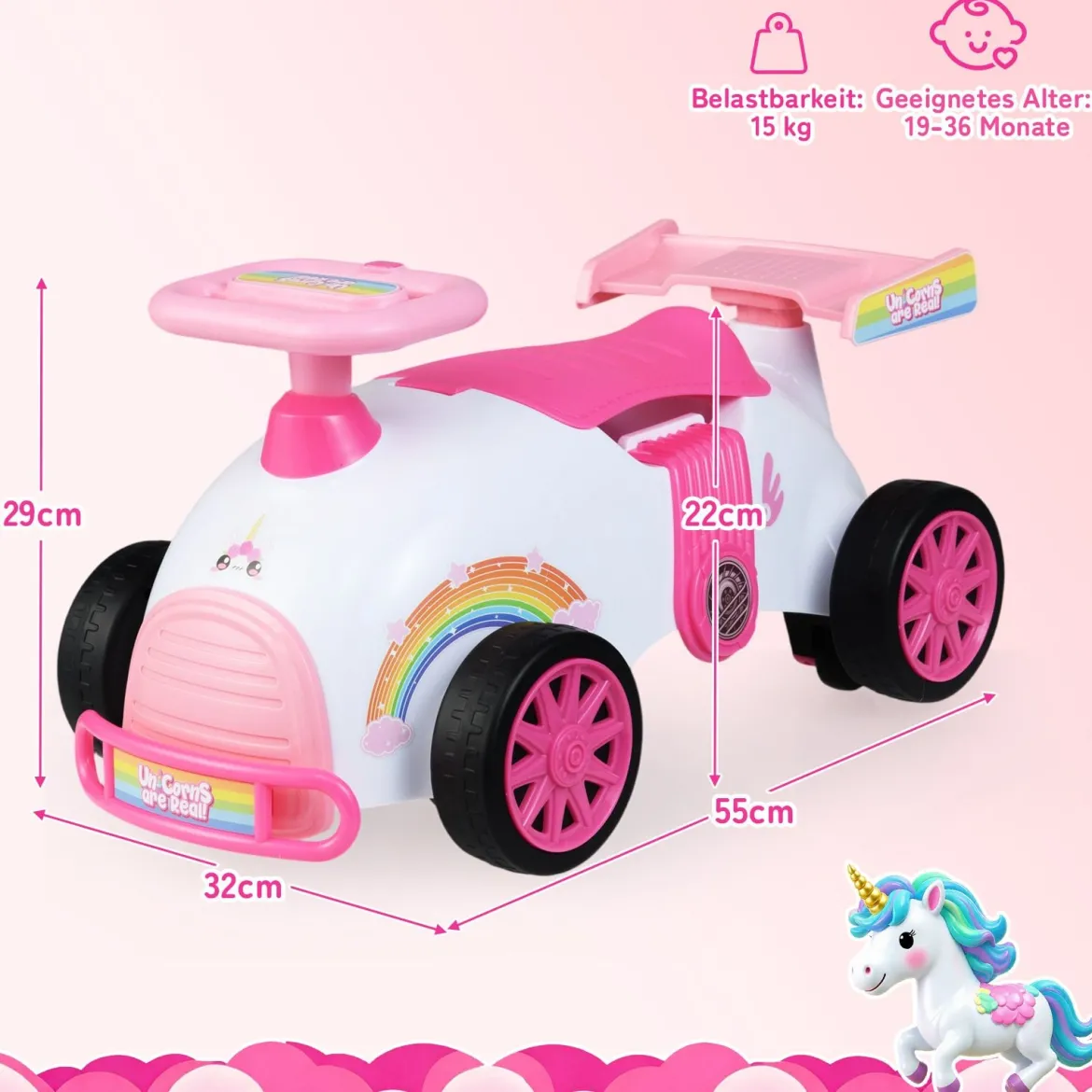 Kinder Rutschauto Fuß-zum-Boden Rutschfahrzeug mit Musik & Stauraum unter dem Sitz Kinderfahrzeug Einhornthema