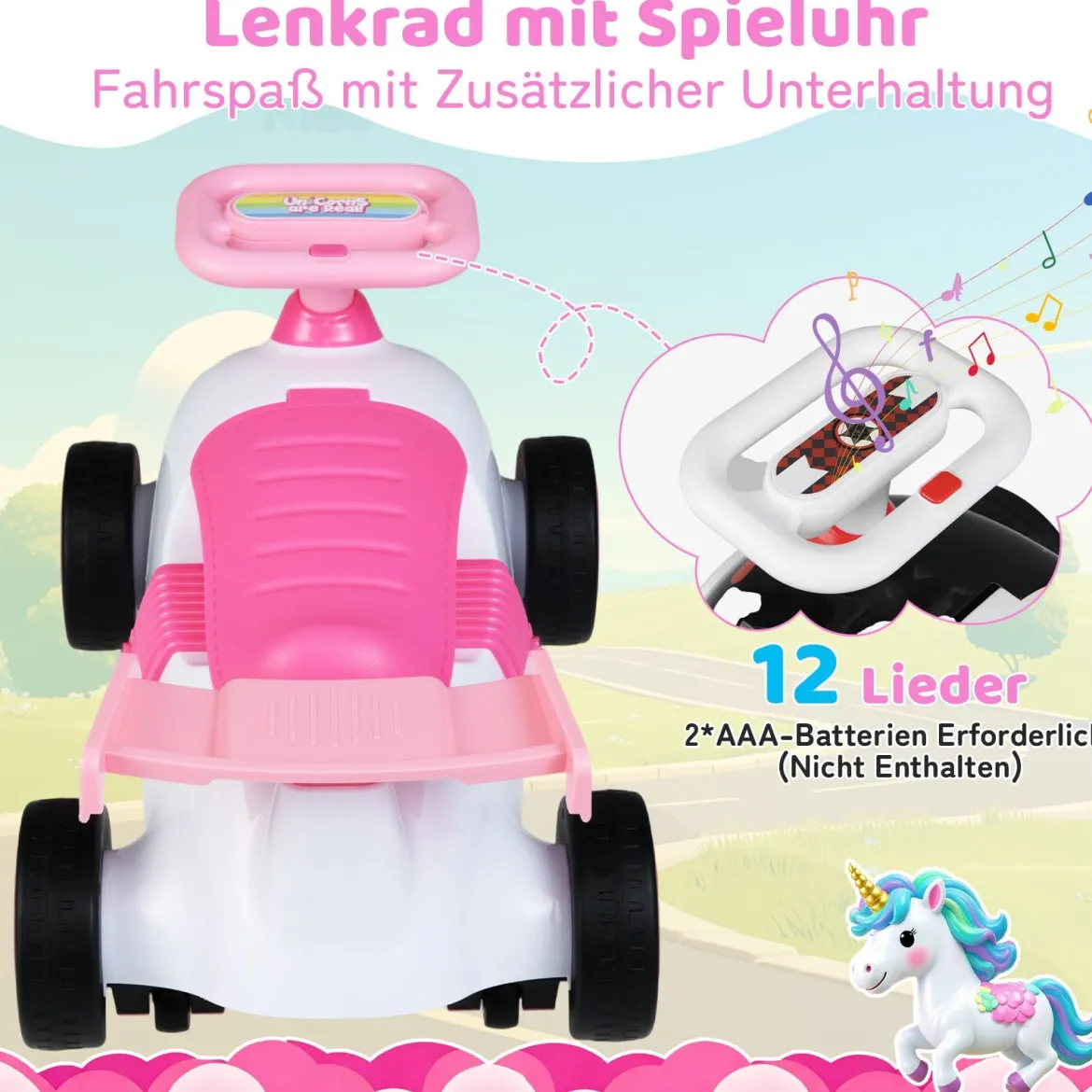 Kinder Rutschauto Fuß-zum-Boden Rutschfahrzeug mit Musik & Stauraum unter dem Sitz Kinderfahrzeug Einhornthema