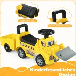 Kinder Rutschauto mit Anhänger & Schaufel Kinderfahrzeug Aufsitzauto Spielzeugauto mit Stauraum Gelb
