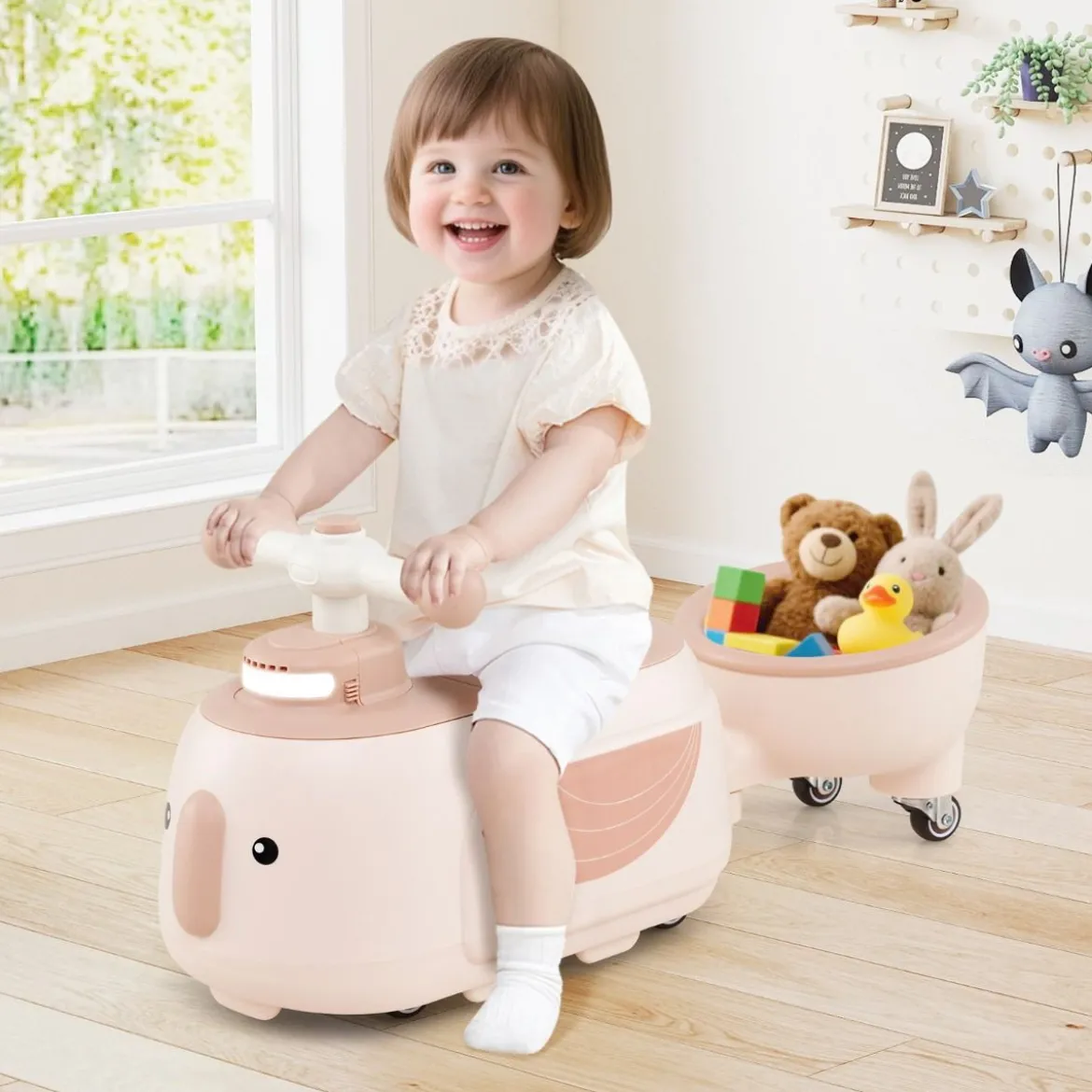 Kinder Rutschauto mit Anhänger & Licht & Stauraum unter dem Sitz Bodenrutscher Beige