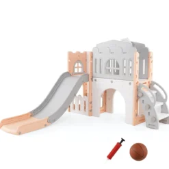 Kinder Rutsche 9 in 1 Kinderrutsche mit Basketballkorb Klettergerüst Tunnel Teleskop & Stauraum Rosa+Grau