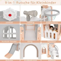 Kinder Rutsche 9 in 1 Kinderrutsche mit Basketballkorb Klettergerüst Tunnel Teleskop & Stauraum Rosa+Grau